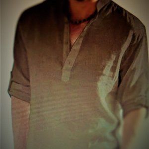 BIG & TALL- COOFANDY BROWN MEN'S 3XL LONG SLEEVE CASUAL HENLEY STYLE LINEN SHIRT